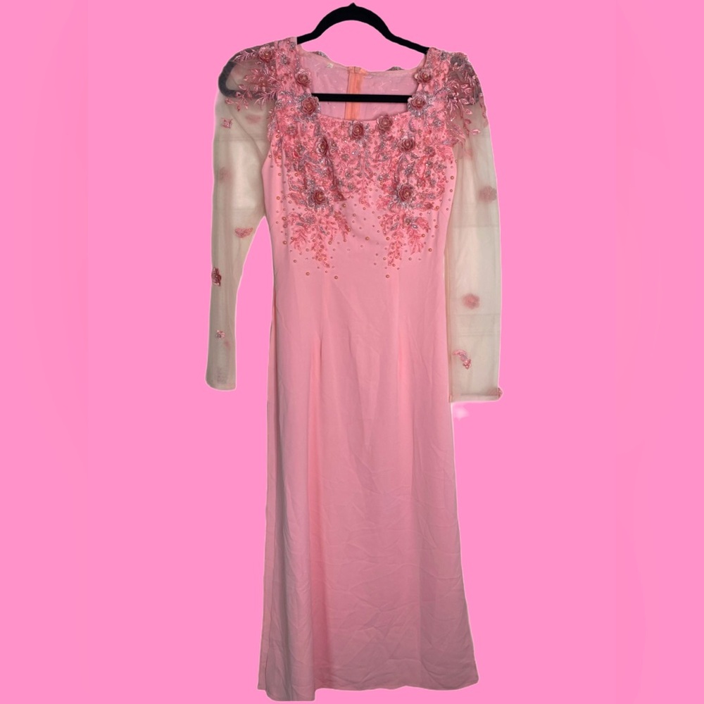 Embellished pink floral mesh sleeve top
